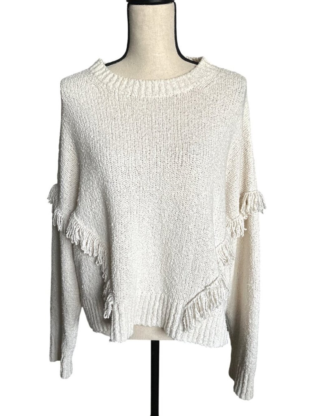 Madewell Fringe Sweater Montford Ivory Cream Pullover Ribbed Soft Knit Size XL